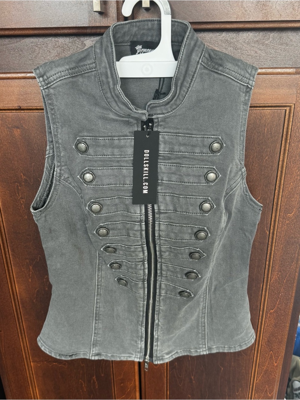 Dolls Kill NWT Generation Kiss Military Parade Peplum Vest Gray Denim XS Zipper